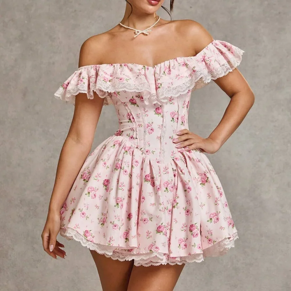 Pink Boho Women's Ditsy Floral Off-Shoulder Ruffled Lace Patchwork Mini Dress - Picture 6 of 7